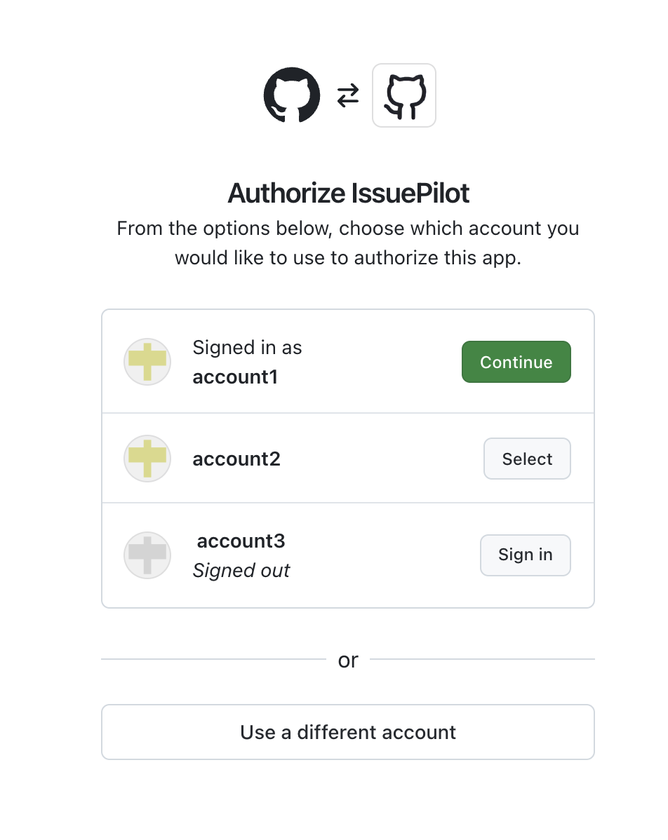Screenshot of GitHub account selection screen